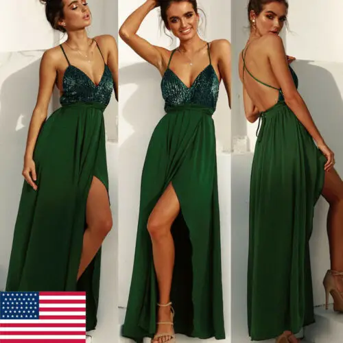 

Fashion Style Women Spit Long Maxi Dress Evening Party Beach Loose Casual Sequin Sleeveless V Neck Club Dresses Summer Sundress