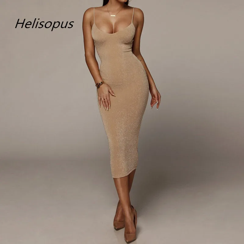 

Helisopus Spaghetti Strap Backless Sexy Long Dress Summer O-neck Gold Black Maxi Dress Sling Bodycon Party Dresses