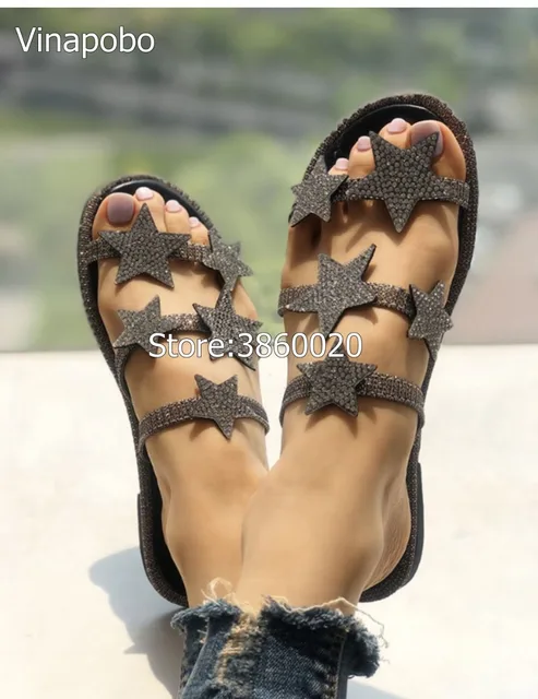 Vinapobo Women Fashion Brand Crystal Star Sandal Women Beach Flip Flops Slippers Slip On Slide Flat Casual Shoes Female sandals