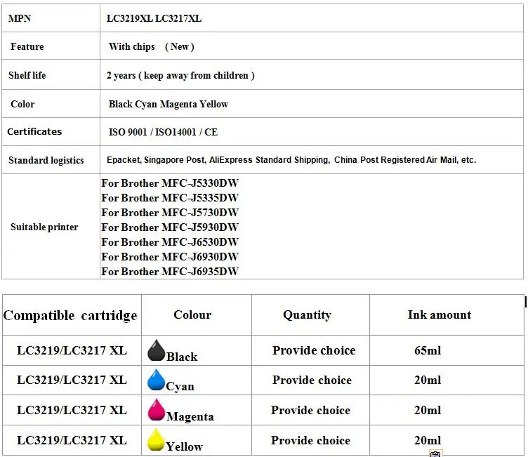 LC3219XL LC3217XL ink cartridge for Brother MFC-J5330DW J5335DW J5730DW J5930DW J6530DW J6930DW J6935DW with chip