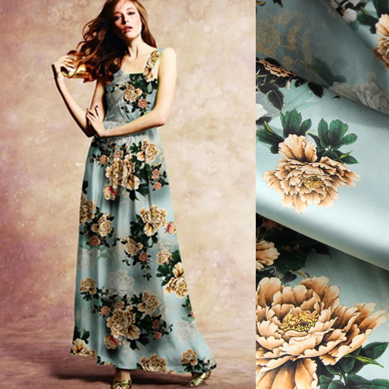 

118CM Wide 19MM 93% Silk & 7% Spandex Peony Print Stretch Gray Blue Silk Satin Fabric for Dress Cheongsam Shirt Jacket D1015