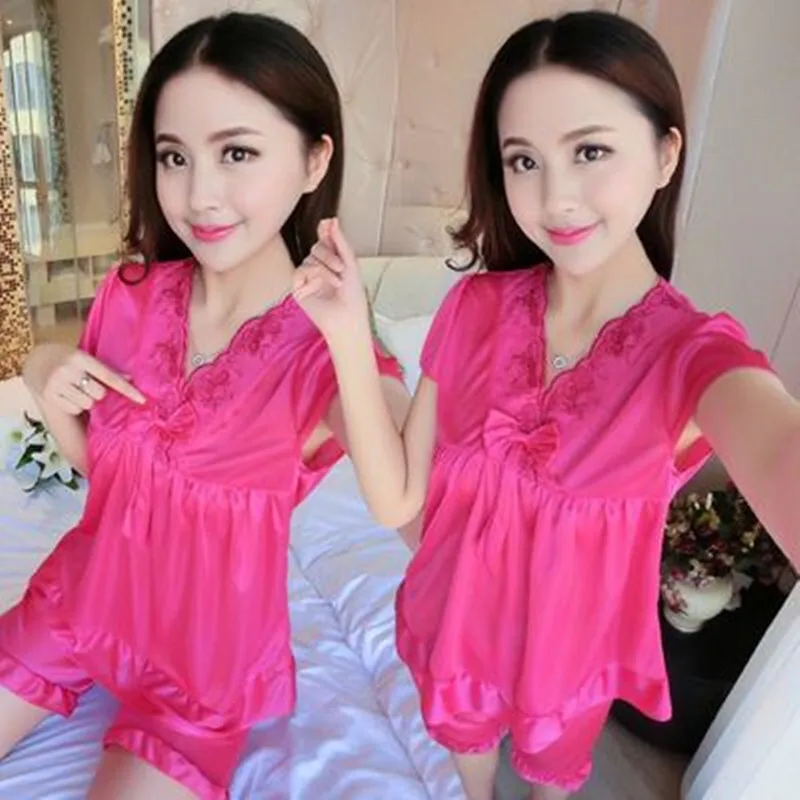 

Pajamas female summer short-sleeved silk sexy summer woman thin section large size home service two-piece Night Sleepers 2019