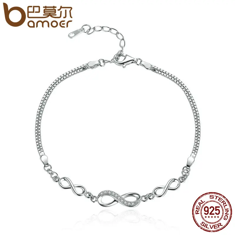 BAMOER Authentic 925 Sterling Silver Endless Love Infinity Chain Link Adjustable Women Bracelet Luxury Silver Jewelry
