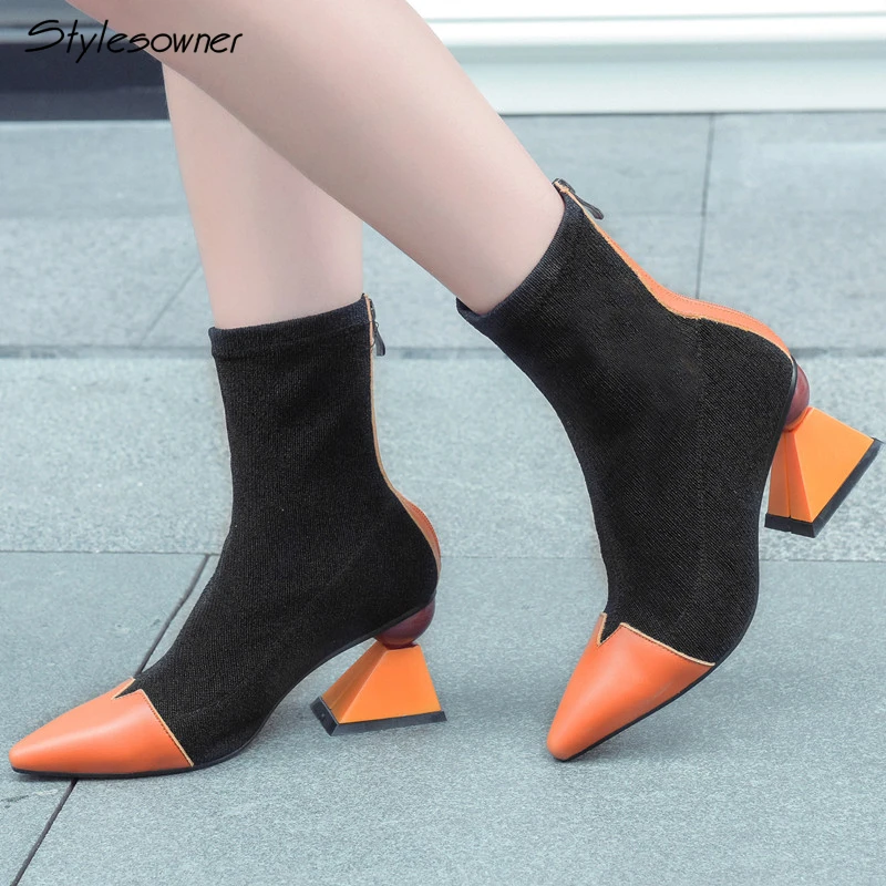 

Stylesowner Ladies Patchwork Zipper Ankle Boots Real Leather Strange High Heel Short Boots Elastic Stretch Sock Boots For Women