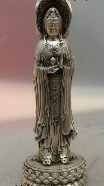 

R0722 Details about China Tibet Silver Dragon Three sides Kwan-yin Guanyin Bodhisattva Statue