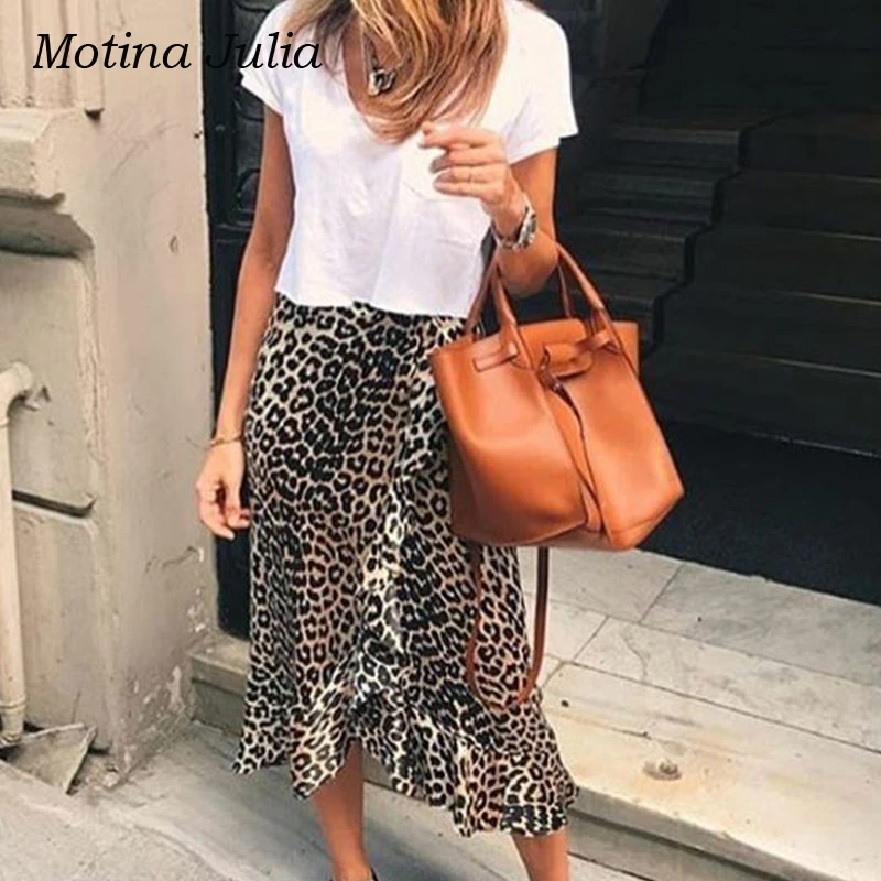 Motina Julia 2018 Новая Осенняя леопардовая юбка с принтом Женская печать ruffled midi Уличная