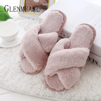 

Women Slippers Winter Shoes Flat Sweet Home Slippers Woman Indoor Shoes Fur Warm Soft Slip On Black Pink Grey Female Slipper DE