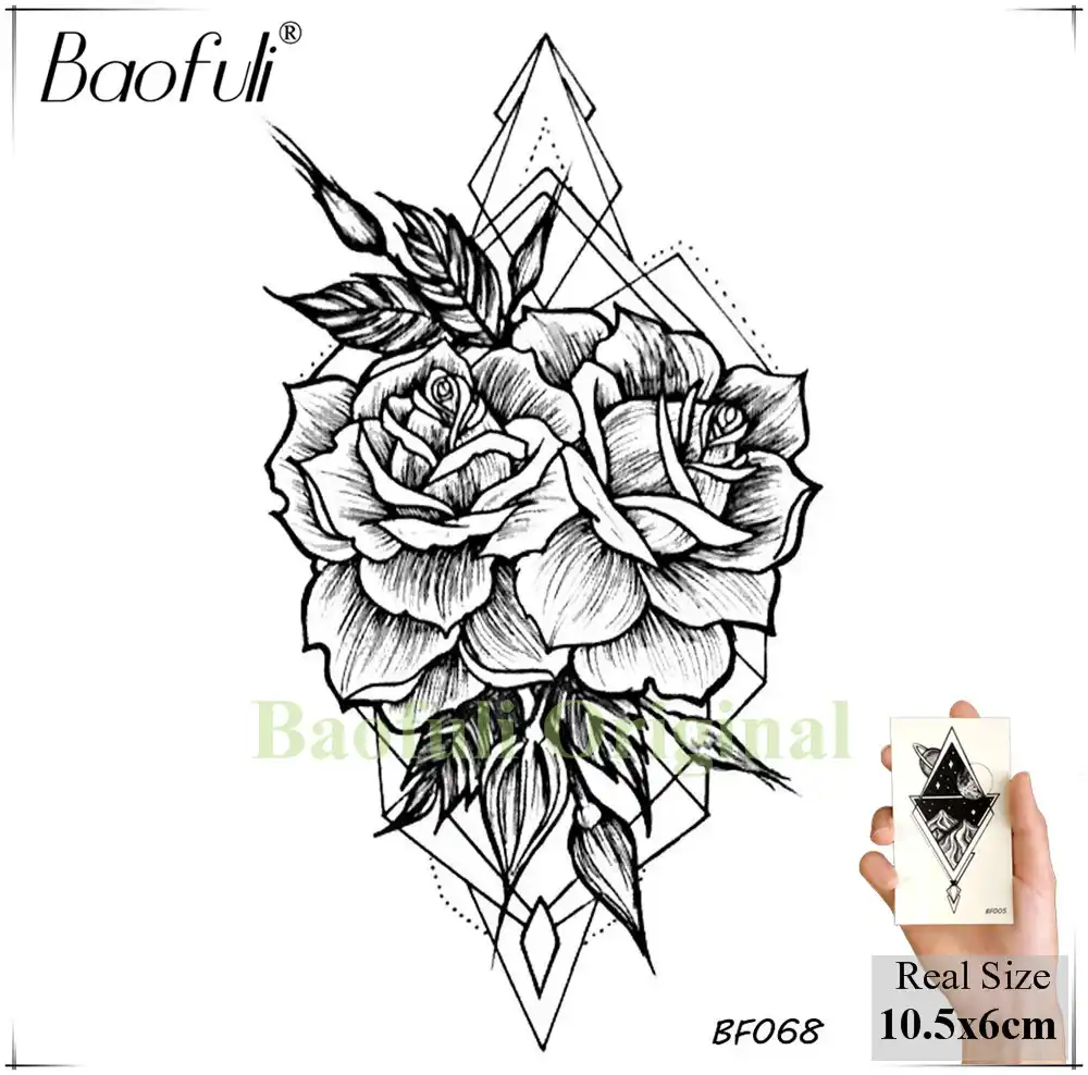 Baofuli Sexy Feather Black Rose Tattoo Fake Flower Butterfly Temporary Tattoos Sticker Sketch Floral Body Art Tatoo Women Leave