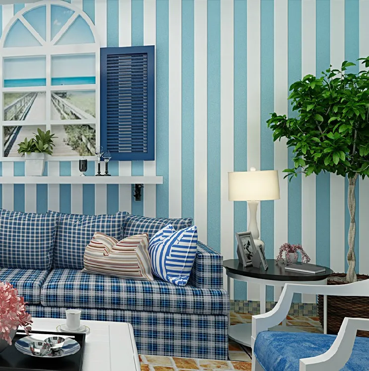 Custom Low Cost Non woven Wallpaper Mediterranean Style Blue Bar