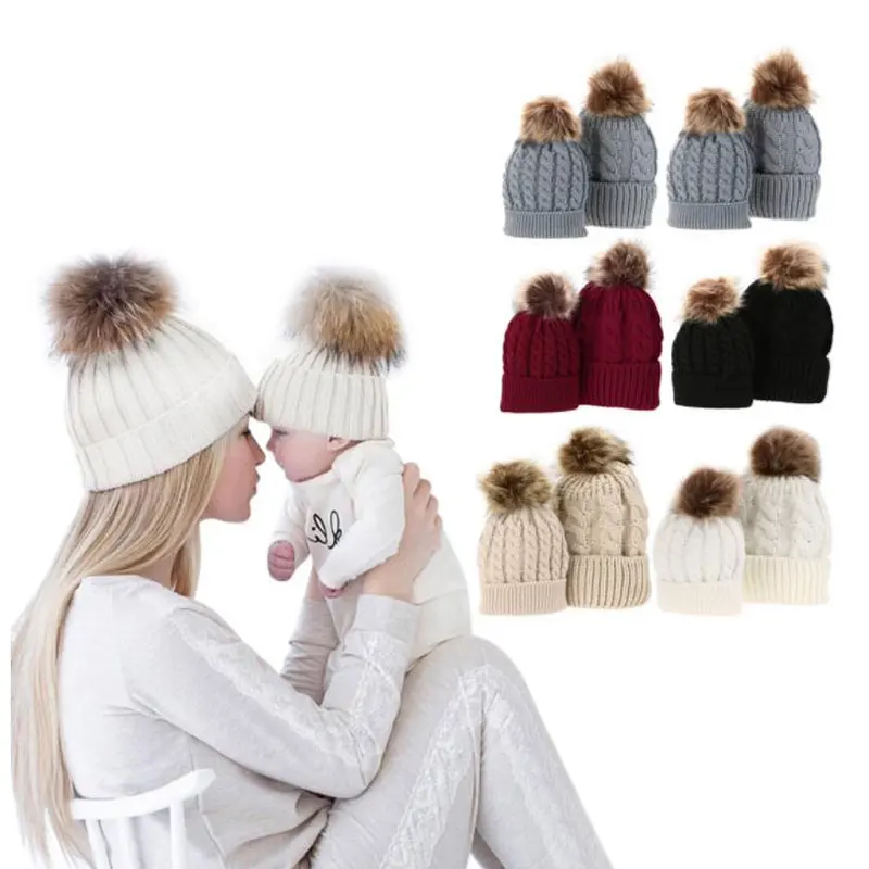 

Mom And Baby Hat Newborn infant girl boy Hats Children Toddler Caps Bobble Beanie Kids Cotton Knitted Parent-Child Winter Ca