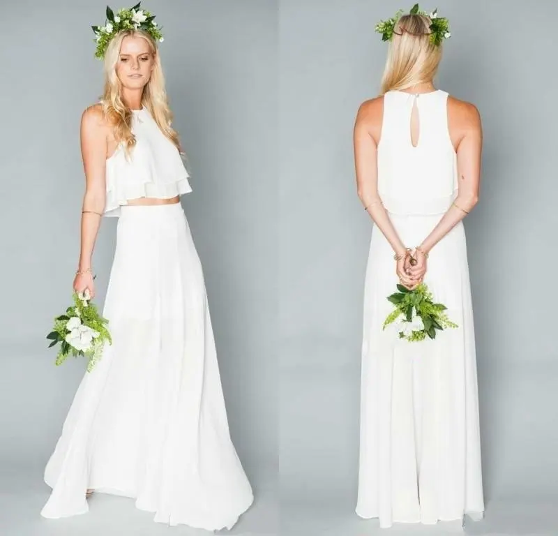 2017 Summer Beach Wedding Dresses Jewel Neck Floor Length Chiffon