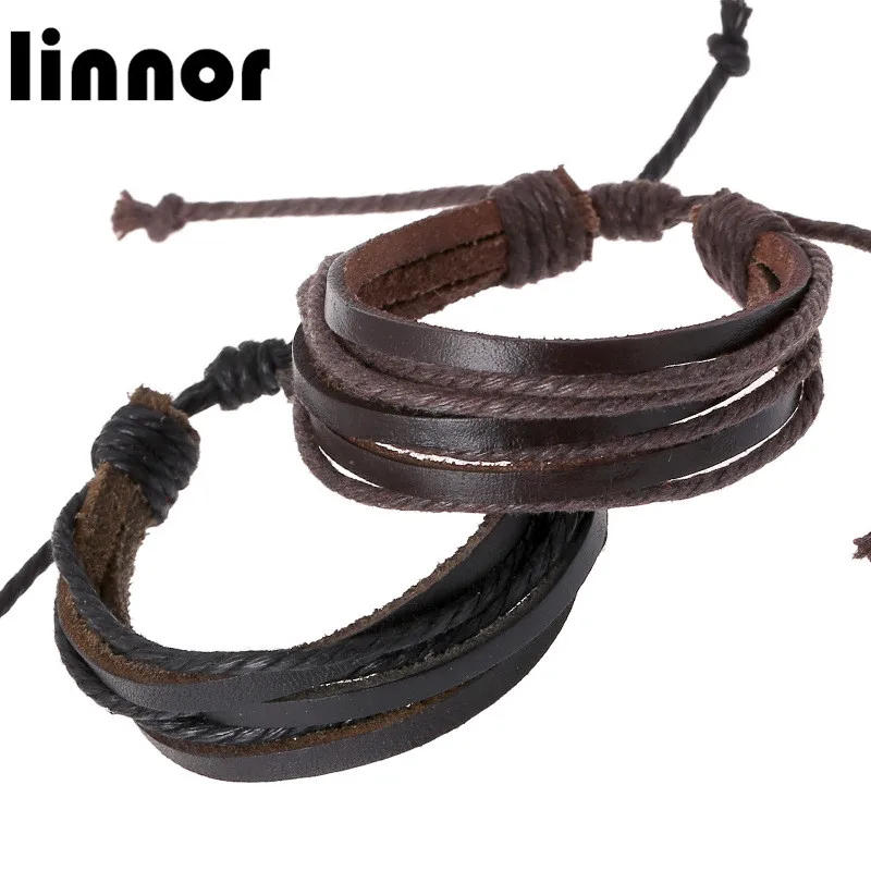 

Linnor Punk Simple Multiple Layers Leather Bracelet Retro Hemp Rope Braclet for Men Women Gift Accessories Adjustable