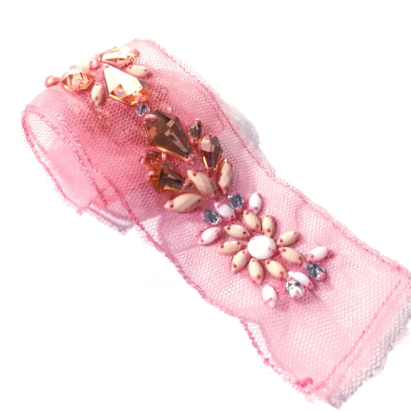 

pink mesh rhinestones beaded brooch patches applique crystal fabric sew on patch fashion clothing bags pocket decoration patch