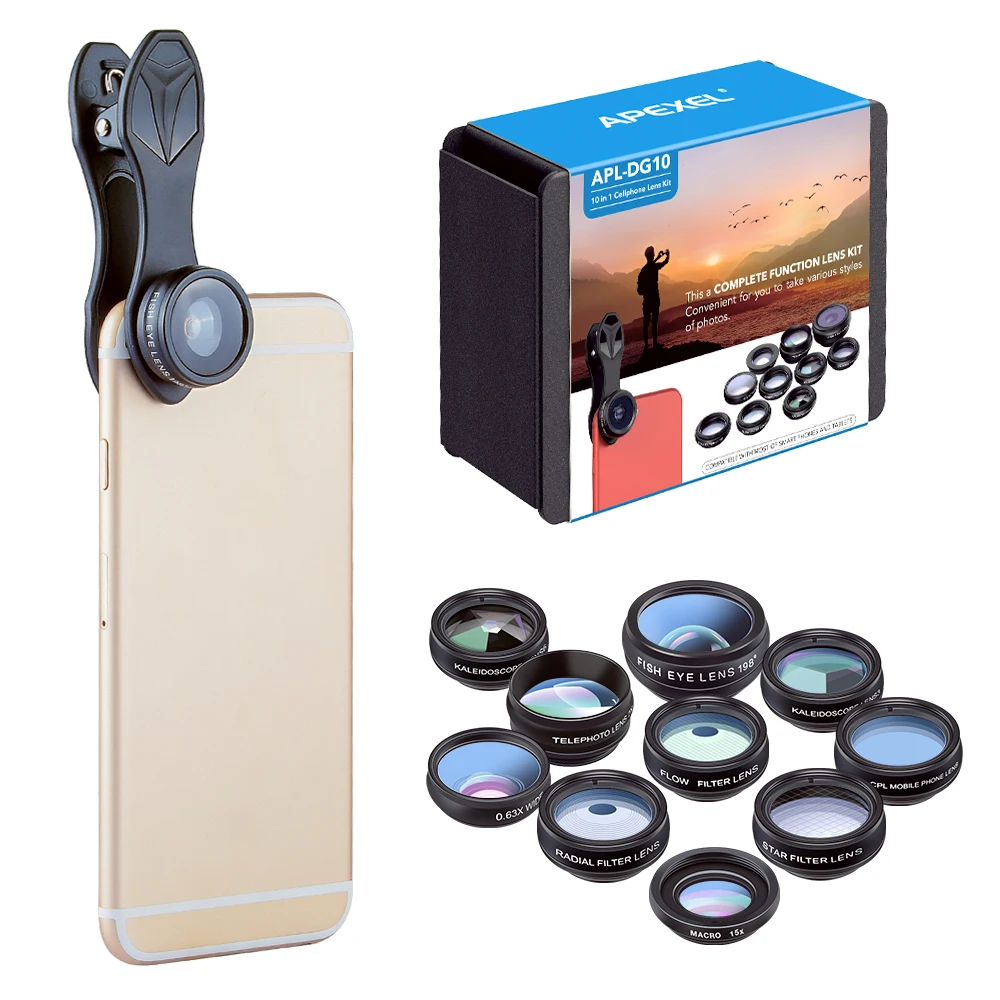 

APEXEL 10in1 Phone Lens Kit Fisheye Wide Angle macro Lens 2X telescope camera Lens for iphone xiaomi redmi mi samsung smartphone