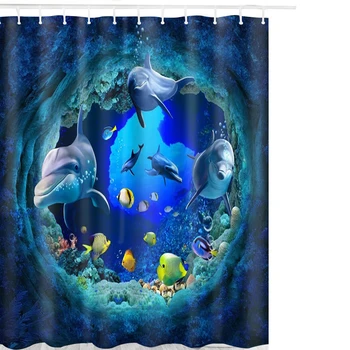 

Ocean Dolphin Deep Sea Polyester Shower Curtain Bathroom Waterproof with 10 Hooks Pedestal Rug Lid Toilet Cover Bath Mat Set