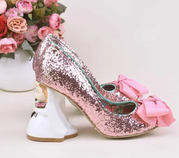Cute Butterfly-knot Glitter Rabbit Heel Shoes For Women 2017 Fall Summer Pink Gold Strange Heel Pumps Sexy Bride Dress Shoes