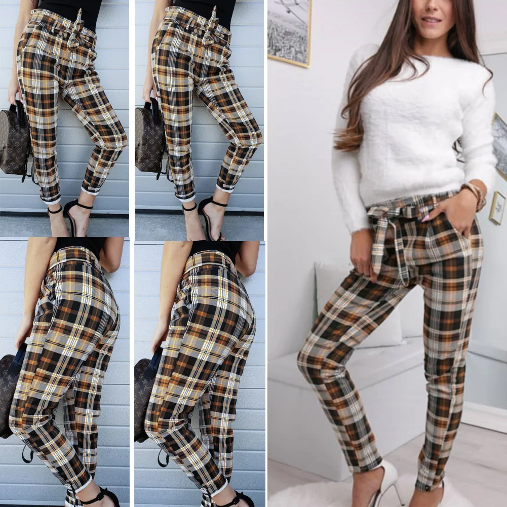 Fashion High Waist Elastic Harem Red Yellow Plaid Pants Women Casual Skinny Ankle-length Capris Pencil Pants Trouser