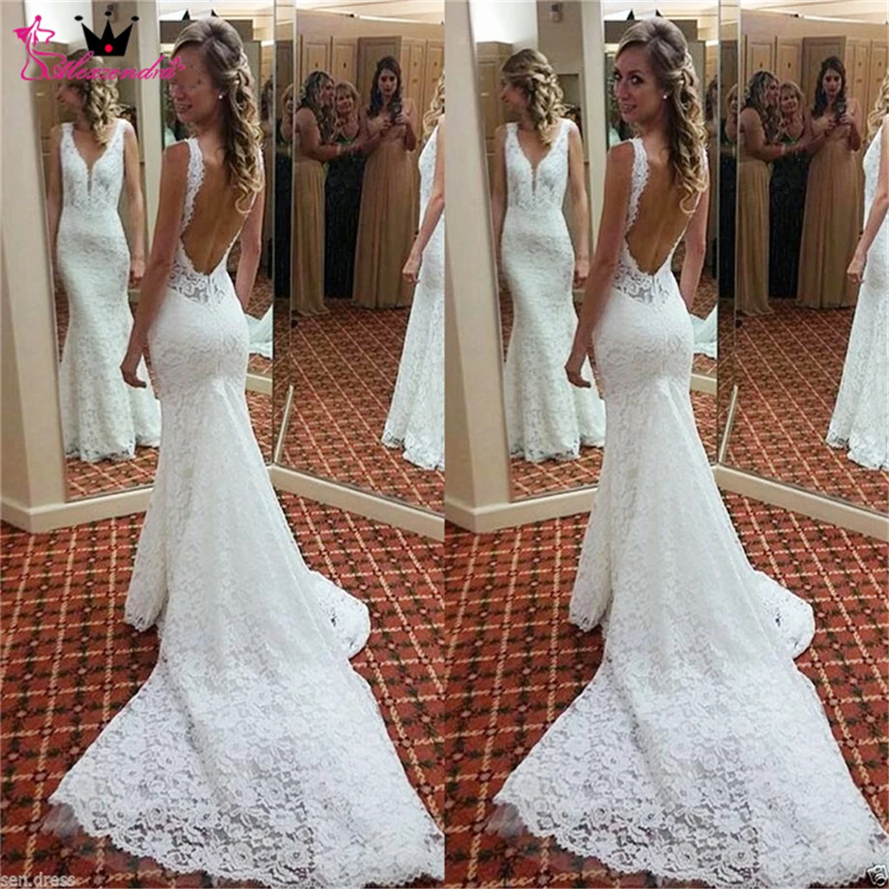 Mermaid-V-neck-Open-Back-Lace-Long-Train-Sexy-Vintage-Formal-Wedding-Dresses-2018-Fashion-Wedding