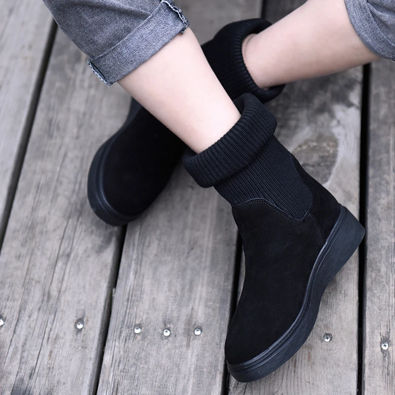 

Artmu Velvet Cotton Boots Thick Sole Boots Wedges Heels Middle Calf Knitted Wool Elastic Leather Women Boots