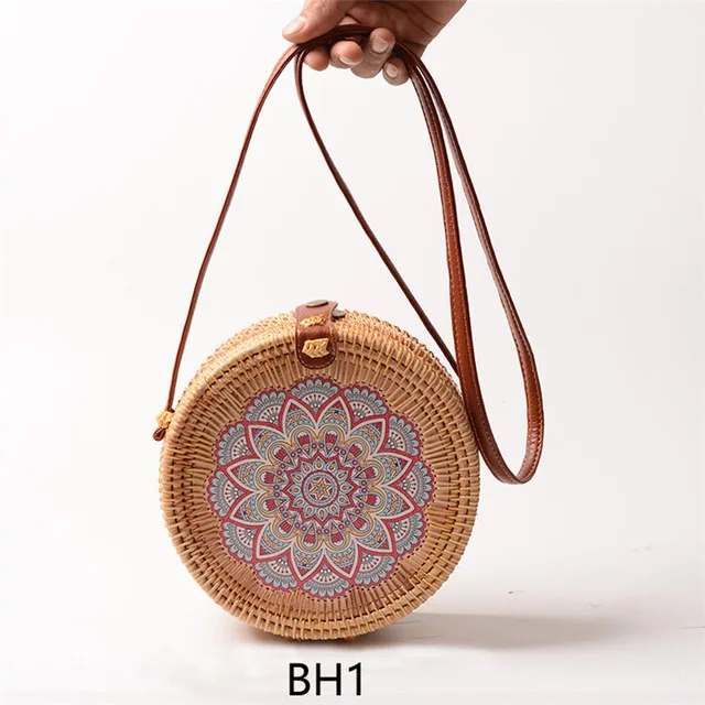 Этнический стиль, круглые пляжные сумки через плечо, бохо Балийские ручные тканые сумки из ротанга для женщин, винтажная соломенная сумка на плечо с цветочным принтом - Цвет: BH1