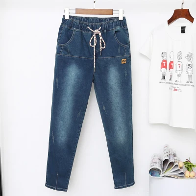 Модные женские джинсы Весна Осень корейский эластичный пояс джинсовые брюки свободного размера плюс дамские потертые джинсы шаровары 5XL - Цвет: Denim Blue