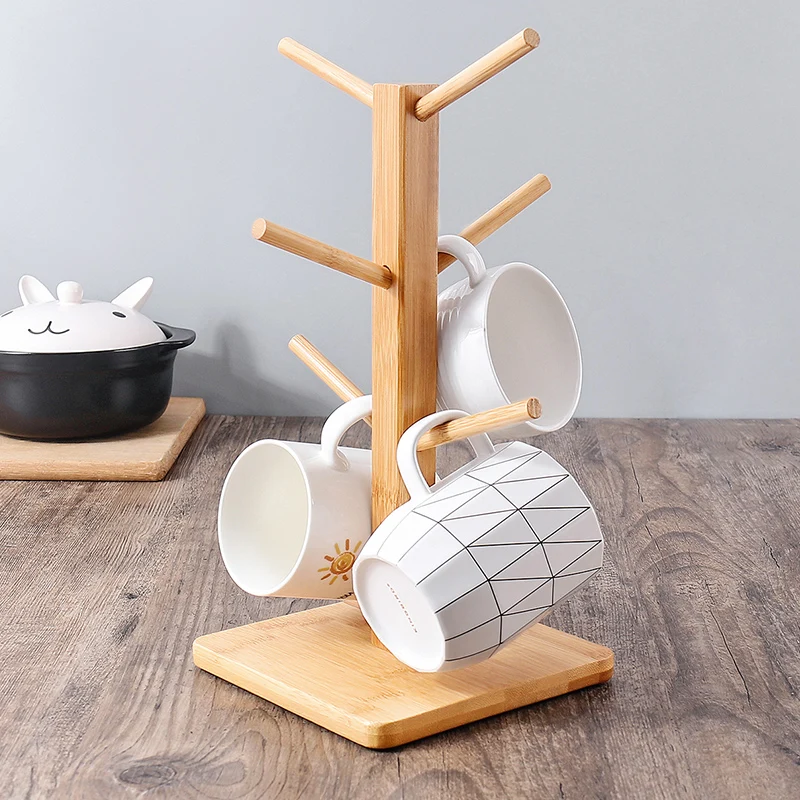 

Japan Style Bamboo Cup Holder Household Glass Cup Rack Drainage rack mark cup storage rack for 6 Cups