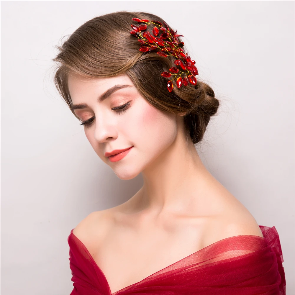 Red Rhinestone Plant Design Headband Hair Accessories Fashion Women