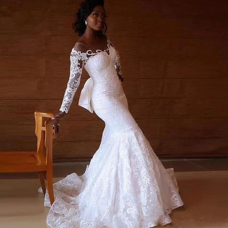 2019 South Africa Mermaid Wedding Dresses Long Sleeves Sheer Jewel