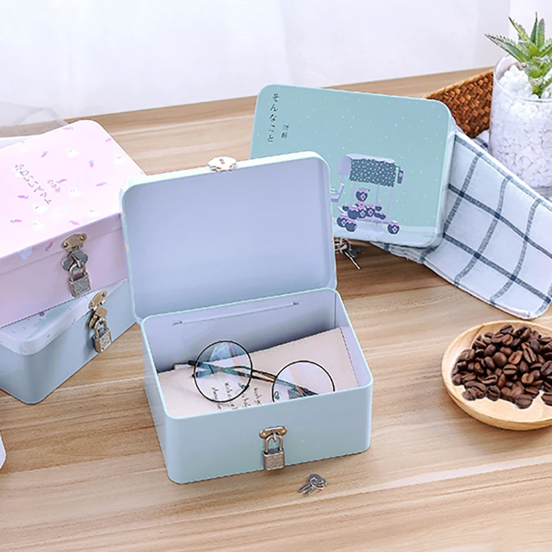 Tinplate Cosmetic Storage Box With Lock Jewelry Makeup Skin Care Lipstick Brush Office Articles Organizer Sundries Container