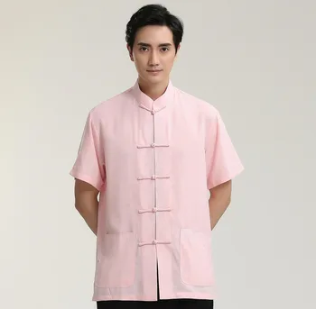 

2020 New Chinese Tai Chi Solid Pink Single Breasted Man Short Sleeve Casual Shirts Cotton Linen Top Clothing M-3XXL 2713