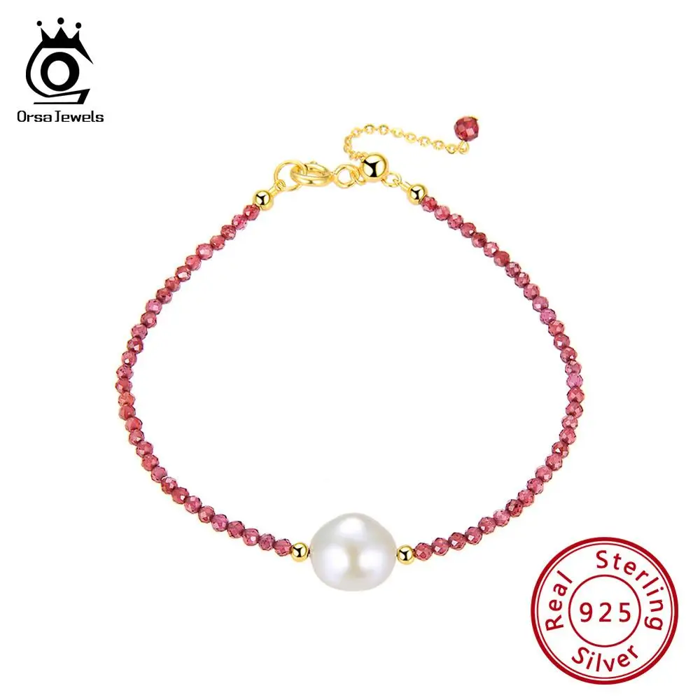 

ORSA JEWELS Silver Bracelet 925 Women Natural Stone Red Garnet Freshwater Pearl Bracelet Fashion Gold Color Jewelry 2019 OSB48-R