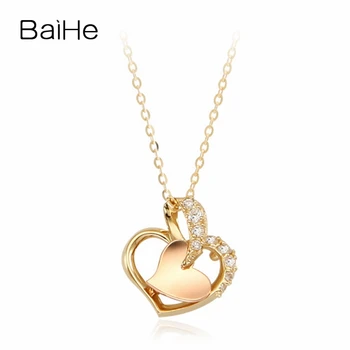 شراءBAIHE الصلبة 18K وردة صفراء الذهب 0.04ct جولة الماس الطبيعي النساء المشاركة غرامة مجوهرات القلب قلادة الماس القلائد