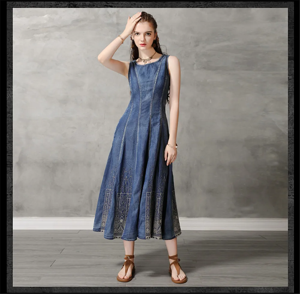 Vintage Summer Cotton Denim Dress 2019 Women's Dresses Sundress Embroidery O-Neck Vestido Women Tank Dress Sleeveless Dresses (15)