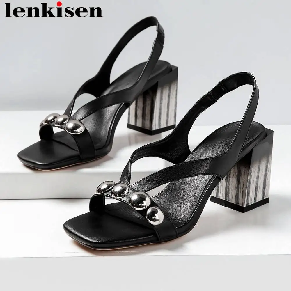 

Lenkisen office career cow leather beading dress wedding plus size women sandals square high shoes peep toe slip on shoes L1f2