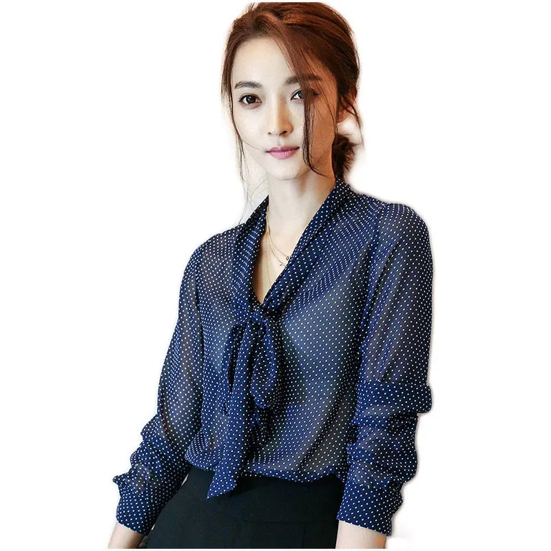 2017 Spring font b Women b font V Neck Long Sleeve Polka Dot Print Chiffon font