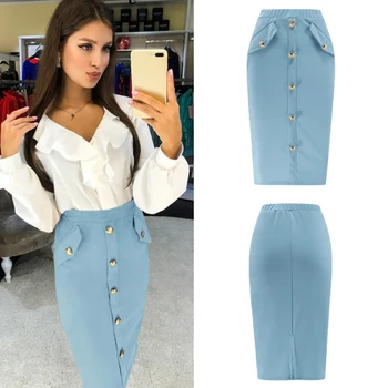 

Summer Elegant High Waist Elastic Pencil Skirt Female Bodycon Slim Button Skirts Knee Length Split Ladies Office Skirt 2019