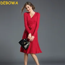 Debowa 2018 New Fashion Spring Autumn Women Dress Sexy V-neck Office Lady Dress Sashes Knitted Dress Slim Pleated Dress Female