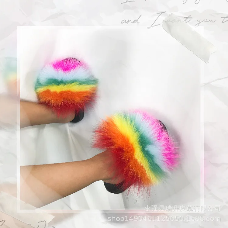 

Real Fox Slippers Kids Winter Fur Home Slides Girl Flop Flips Raccoon Fluffy Cute Flats Beach Summer Children Boys shoes