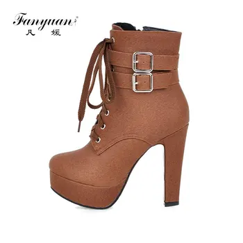 

fanyuan 2019 Large Size 30-50 High Heels Platform Women Shoes Woman Lace Up Leisure Ankle Boots Woman Shoes Lady Footwear