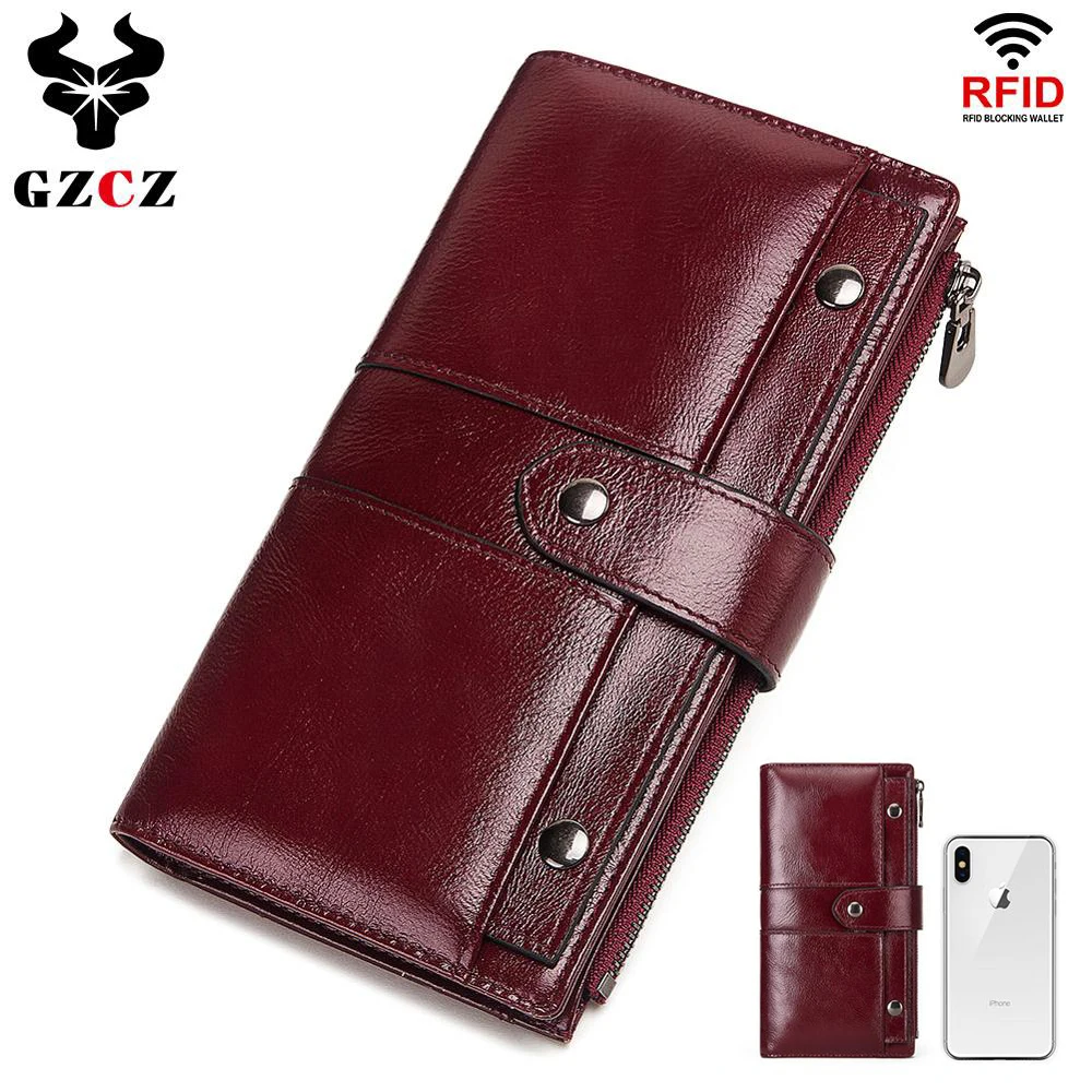 

GZCZ Lady Clutch Wallets Red Genuine Leather Long Wallet Coin Purse Rfid Walet Cell Phone Portomonee Money For women with BOX