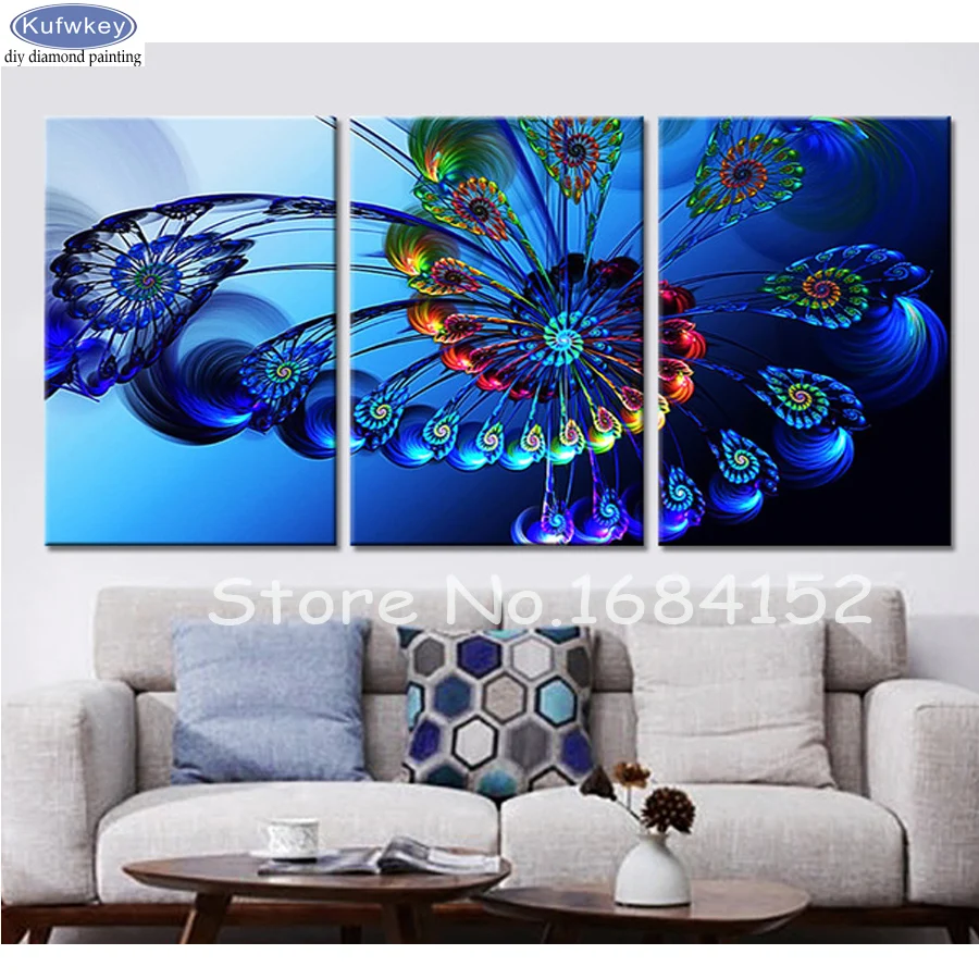 

triptych Diamond Mosaic Diamond Painting Cross Stitch blue peacock 3 Pieces Abstract Kits Diamonds Embroidery Home Decoration
