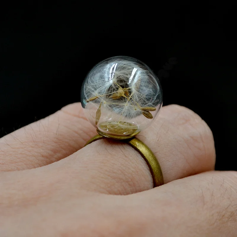 Romantic Men Women Unisex Nature Dandelion Seeds in Handblown Glass Wish Ring