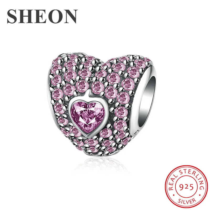 

SHEON Trendy 925 Sterling Silver Romantic Heart Luminous CZ Heart Charm Beads fit Pandora Bracelet & Necklaces DIY Jewelry