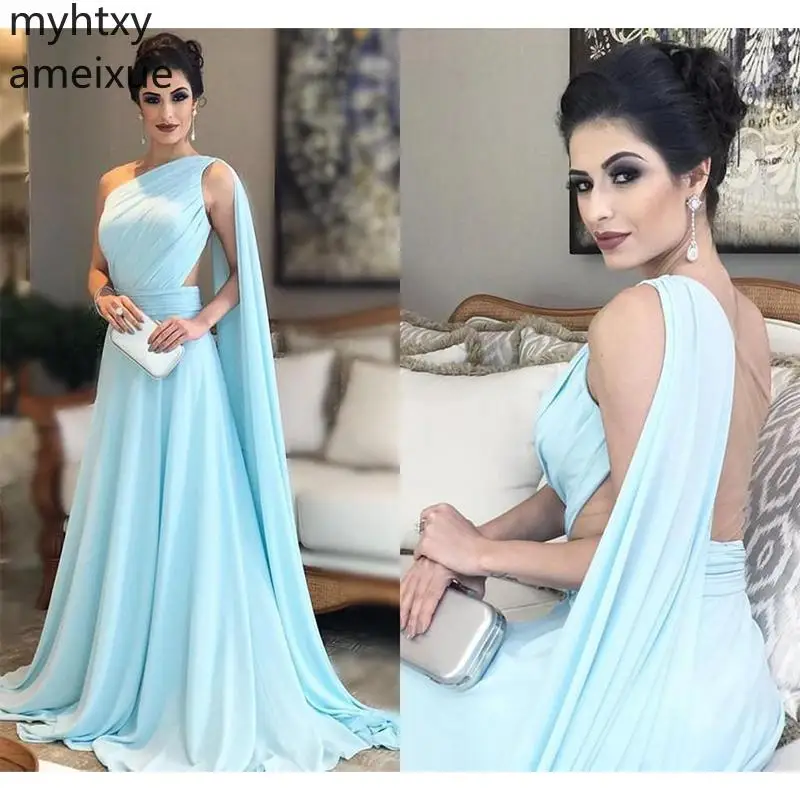 

2019 One Shoulder Light Blue Cheap Evening Dresses Pleated Chiffon Back Floor Length Saudi Arabic Prom Dresses Robe De Soiree