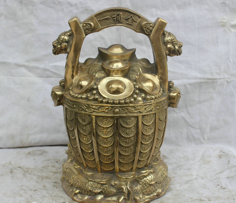 

Chinese Culture Folk Fengshui Pure Brass Copper Statue Dragon Barrel Treasure