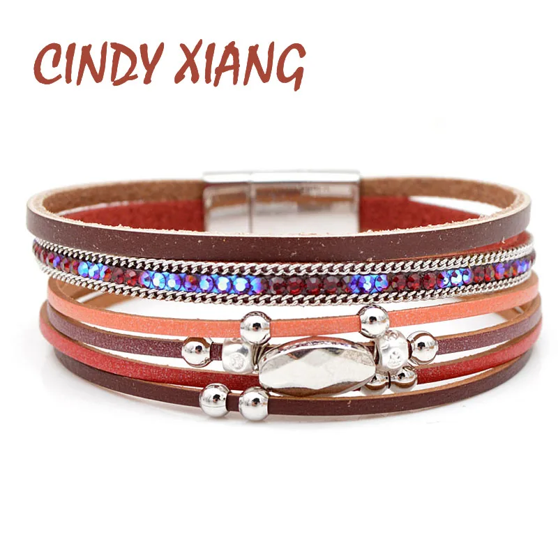 

CINDY XIANG 3 Colors Available Rhinestone Leather Bracelets For Women And Men Unisex Fashion Cuff Bangles Multi-layer Bracelets