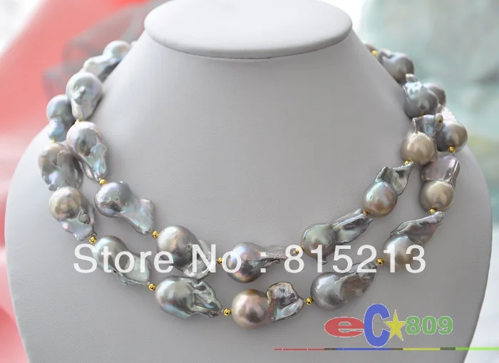FREE SHIPPING>@@> N759 34" GRAY BAROQUE KESHI REBORN PEARL NECKLACE