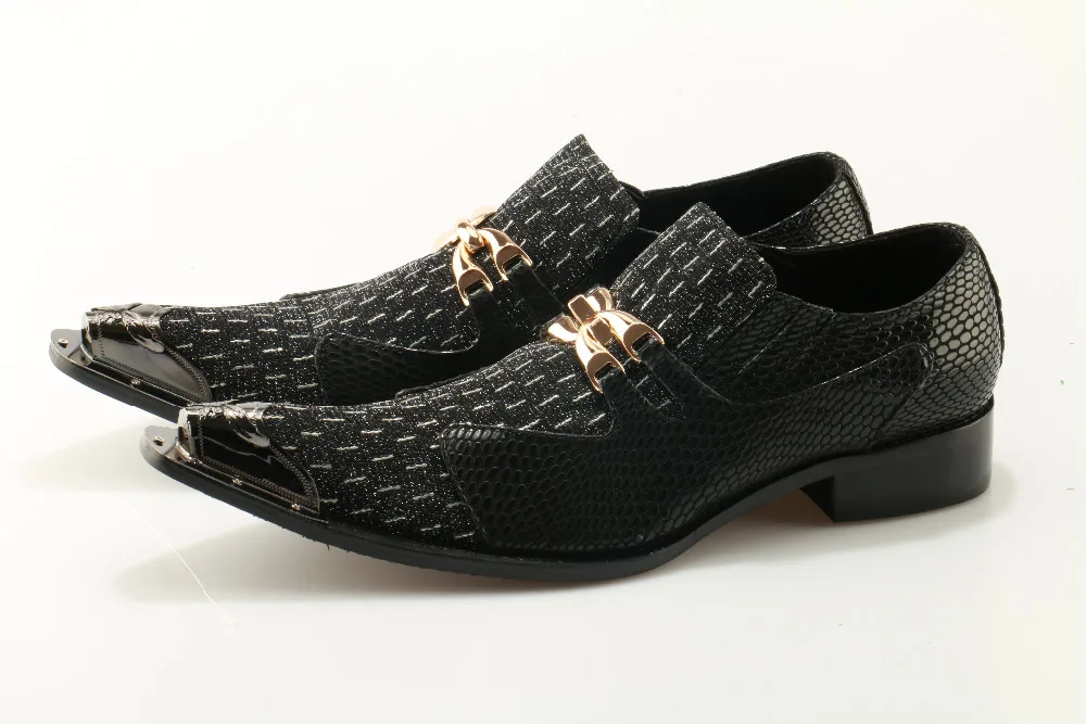 

Eunice Choo Black Embossed Leather Patchwork Prints Men Loafer Metal Chain Pointed Toe Slip On Business Men Formal Shoes