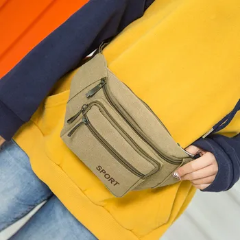

Men Casual Durable Fanny Waist Pack Canvas Unisex Solid Color Pockets Shoulder Bag Pouch Three Zipper Pockets Military Bags