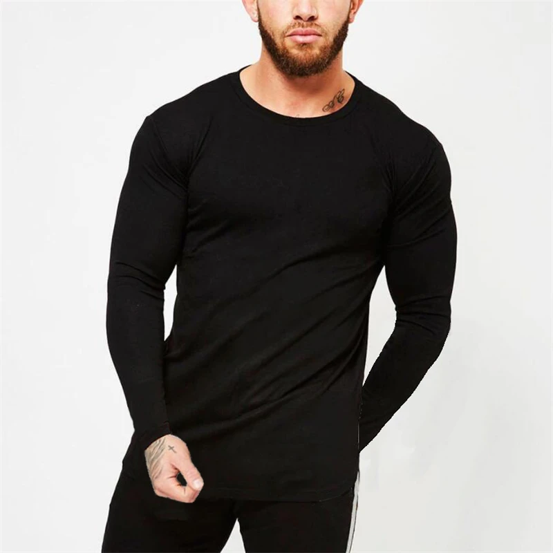 Брендовая модная мужская футболка с длинным рукавом весна осень облегающие футболки мужские топы для отдыха Бодибилдинг футболки с длинным рукавом